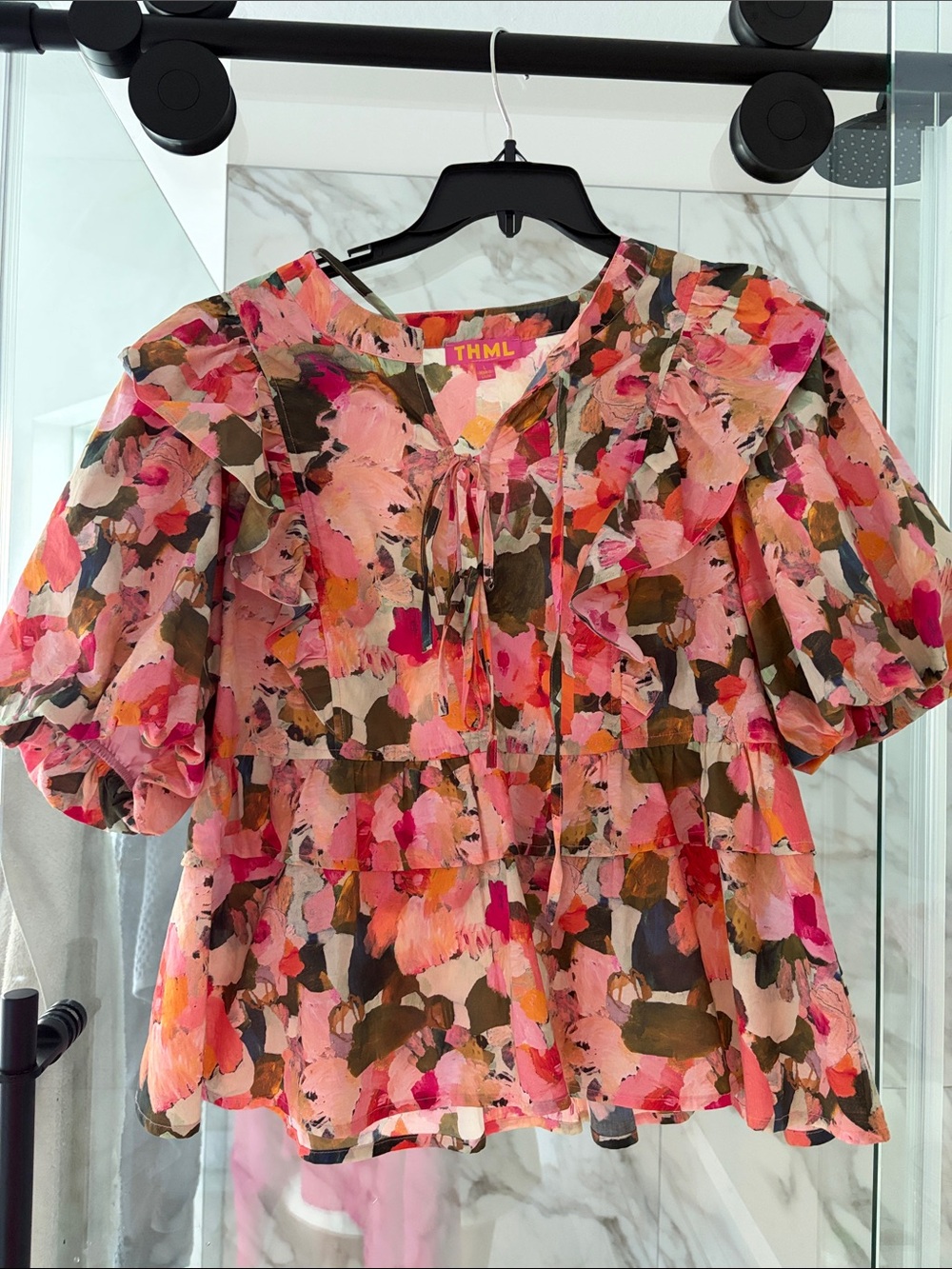 THML Pink Multi-Color Floral Ruffle Tie-Front Blouse